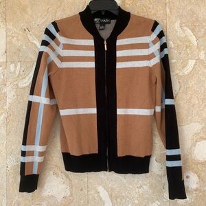 Striped Tan and Black Zip-Up Women’s Sweater